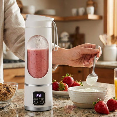 Blender smoothie contenat smothie au yogourt et fraises