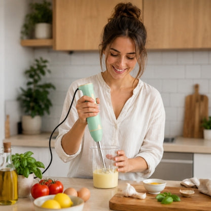 femme prépare mayonnaise mixeur plongeant acier vert