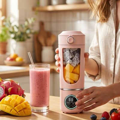femme prépare smoothie avec blender portable