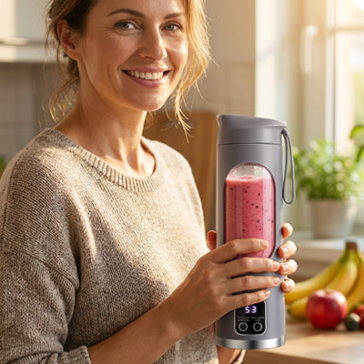 femme souriante avec son blender smoothie gris
