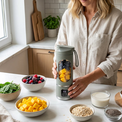 femme utilisant blender smoothie vert