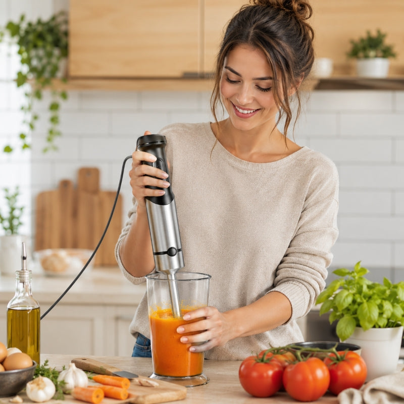 femme utilise mixeur pour soupe