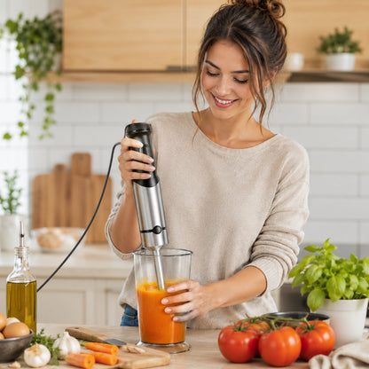femme utilise mixeur pour soupe