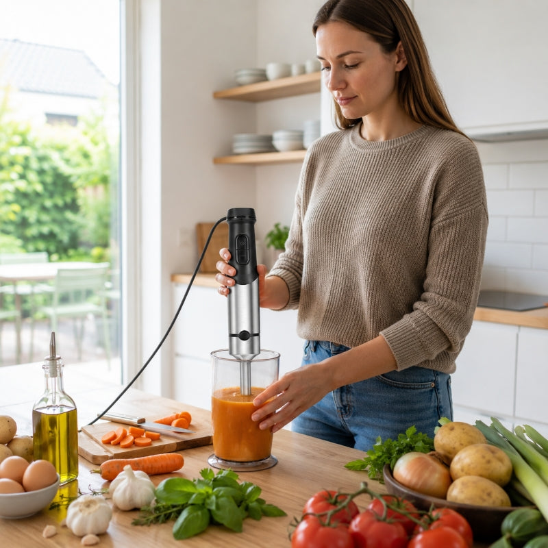 femme utilise mixeur soupe