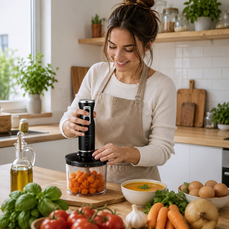 femme utilise mixeur soupes