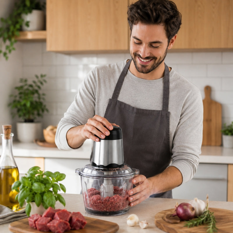 homme utilise hachoir  à viande électrique