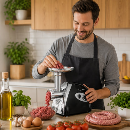homme utilise hachoir électrique a viande