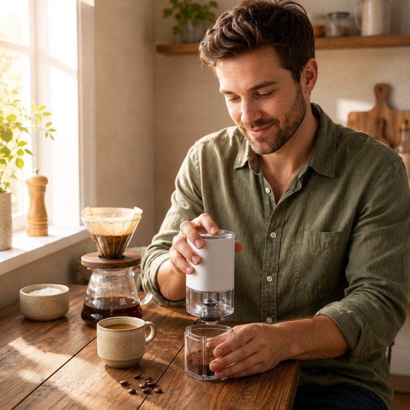homme utilise moulin à café électrique