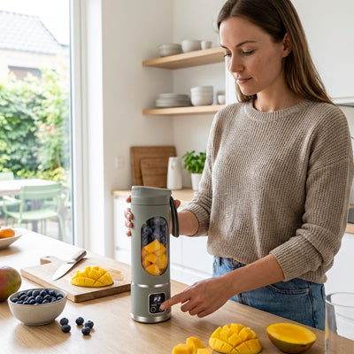 jeune femme préparant jus avec blender smoothie