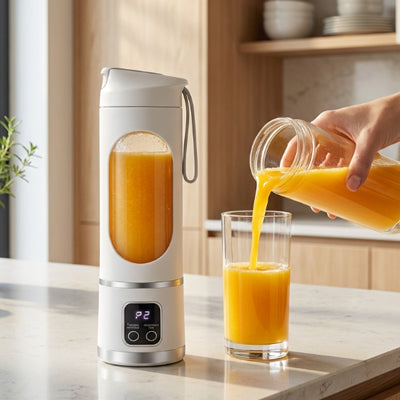 main en train de servir delicieu jus prepare a l aide blender smoothie