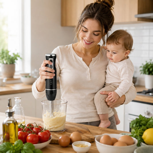 maman prépare soupe pour bébé avec mixeur