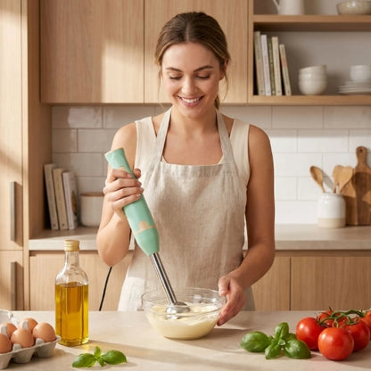 une femme prepare mayonnaise mixeur plongeant acier vert